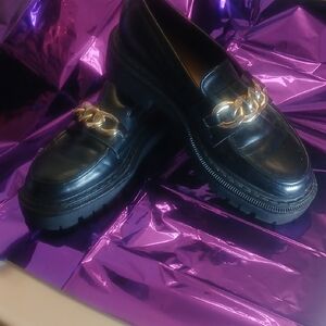 H&M Black Loafers with Gold Chain Accent
